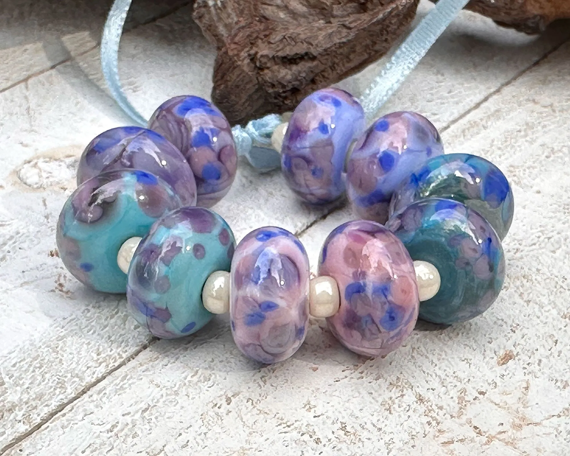 10 Pink Purple Lampwork Beads Set SRA