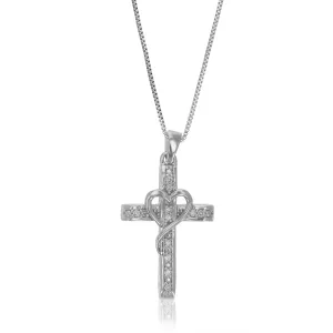 1/10 cttw Lab Grown Diamond Cross Heart Pendant Necklace .925 Sterling Silver 2/3 Inch With 18 Inch Chain
