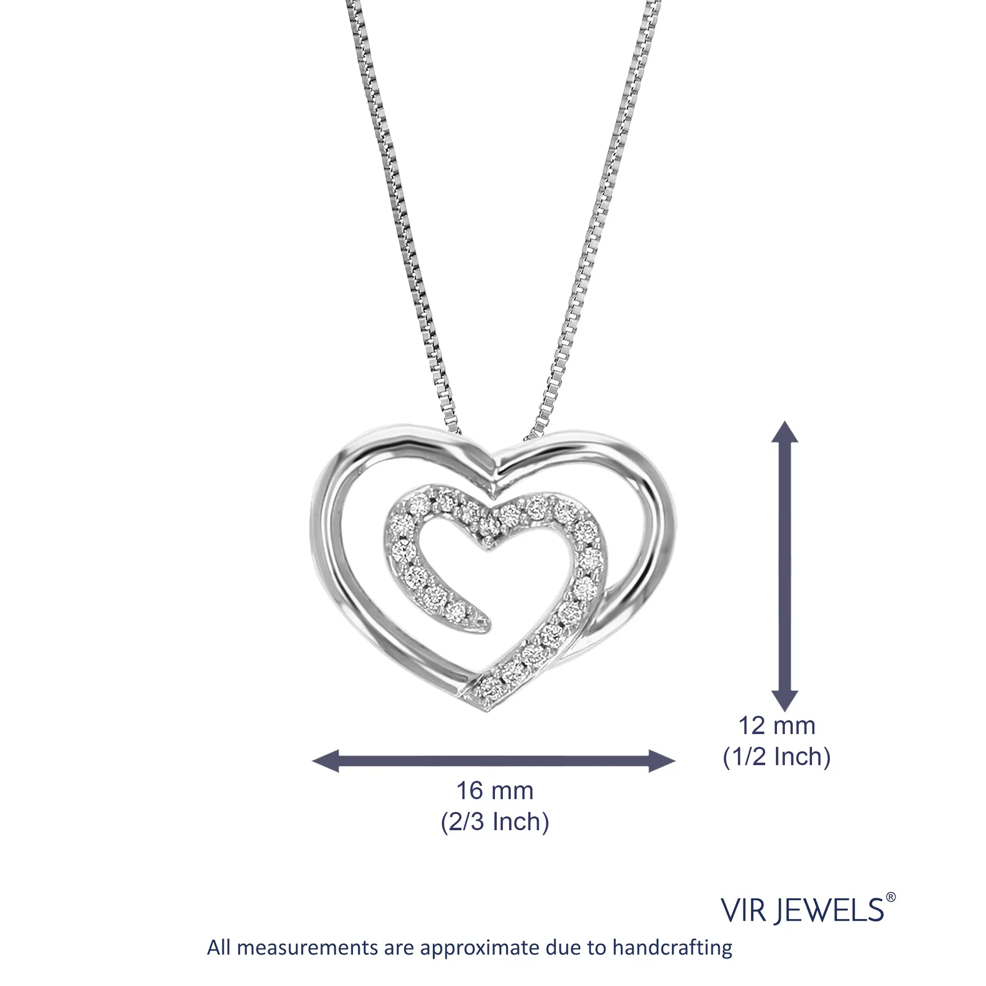1/10 cttw Lab Grown Diamond Double Heart Pendant Necklace .925 Sterling Silver 1/2 Inch with 18 Inch Chain