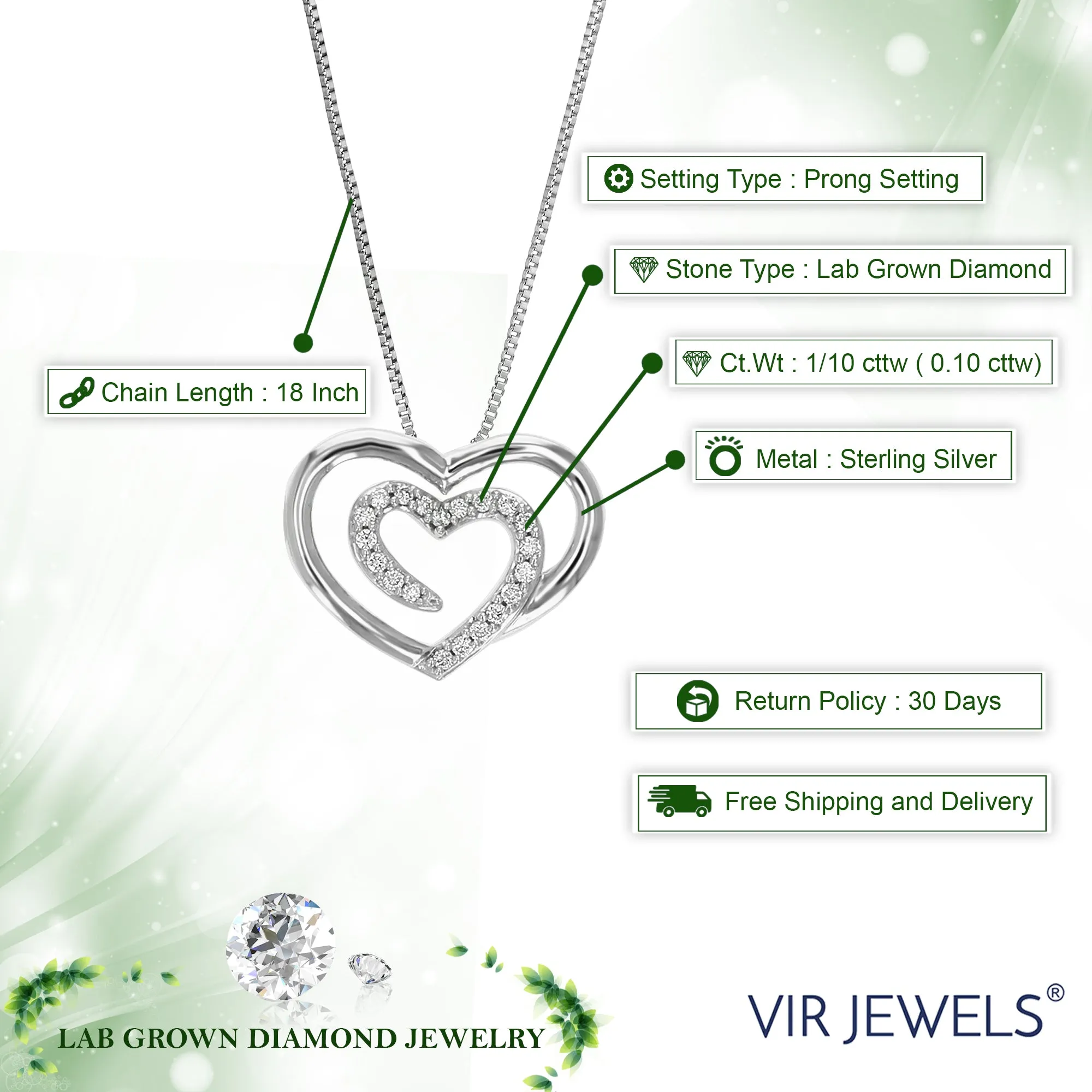 1/10 cttw Lab Grown Diamond Double Heart Pendant Necklace .925 Sterling Silver 1/2 Inch with 18 Inch Chain