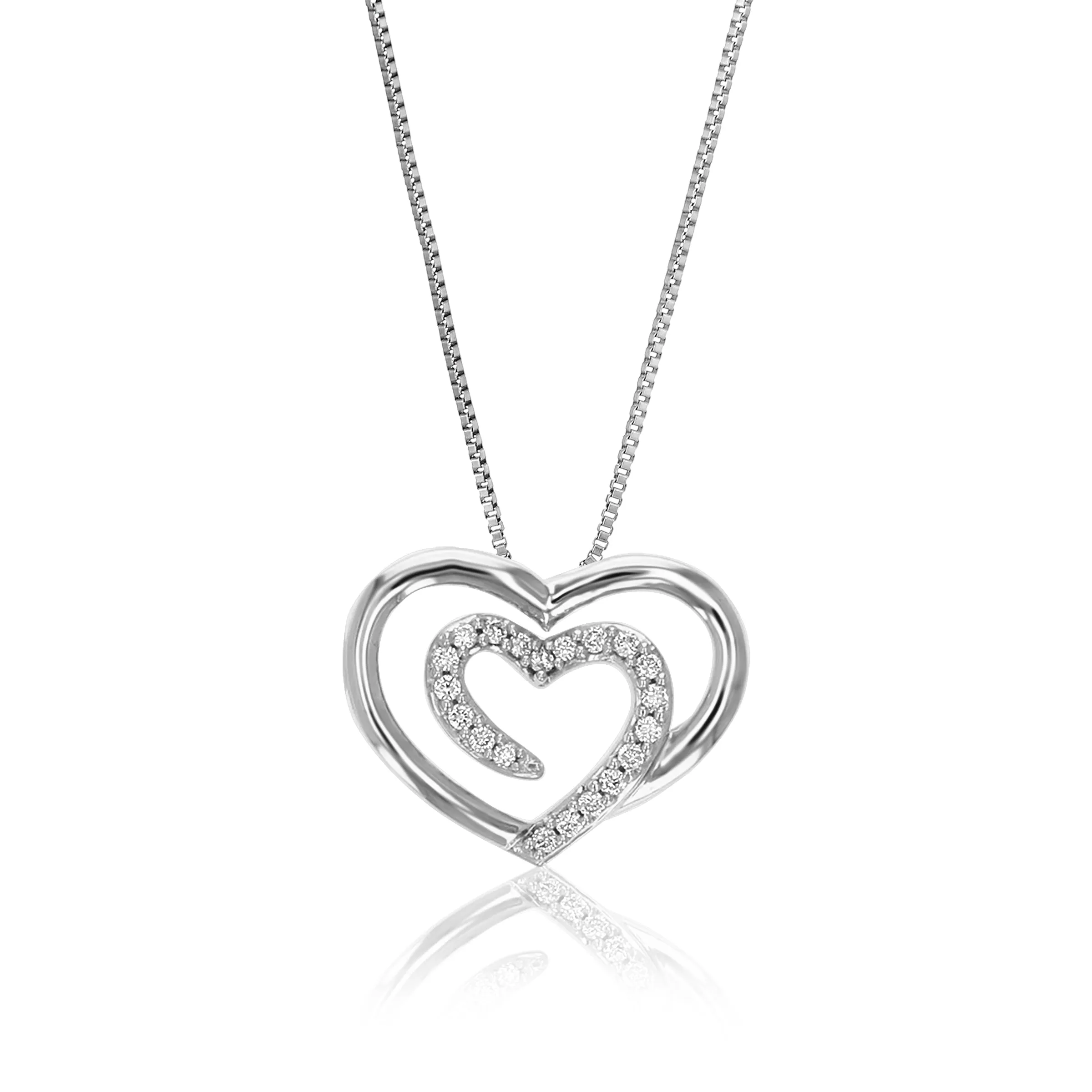 1/10 cttw Lab Grown Diamond Double Heart Pendant Necklace .925 Sterling Silver 1/2 Inch with 18 Inch Chain