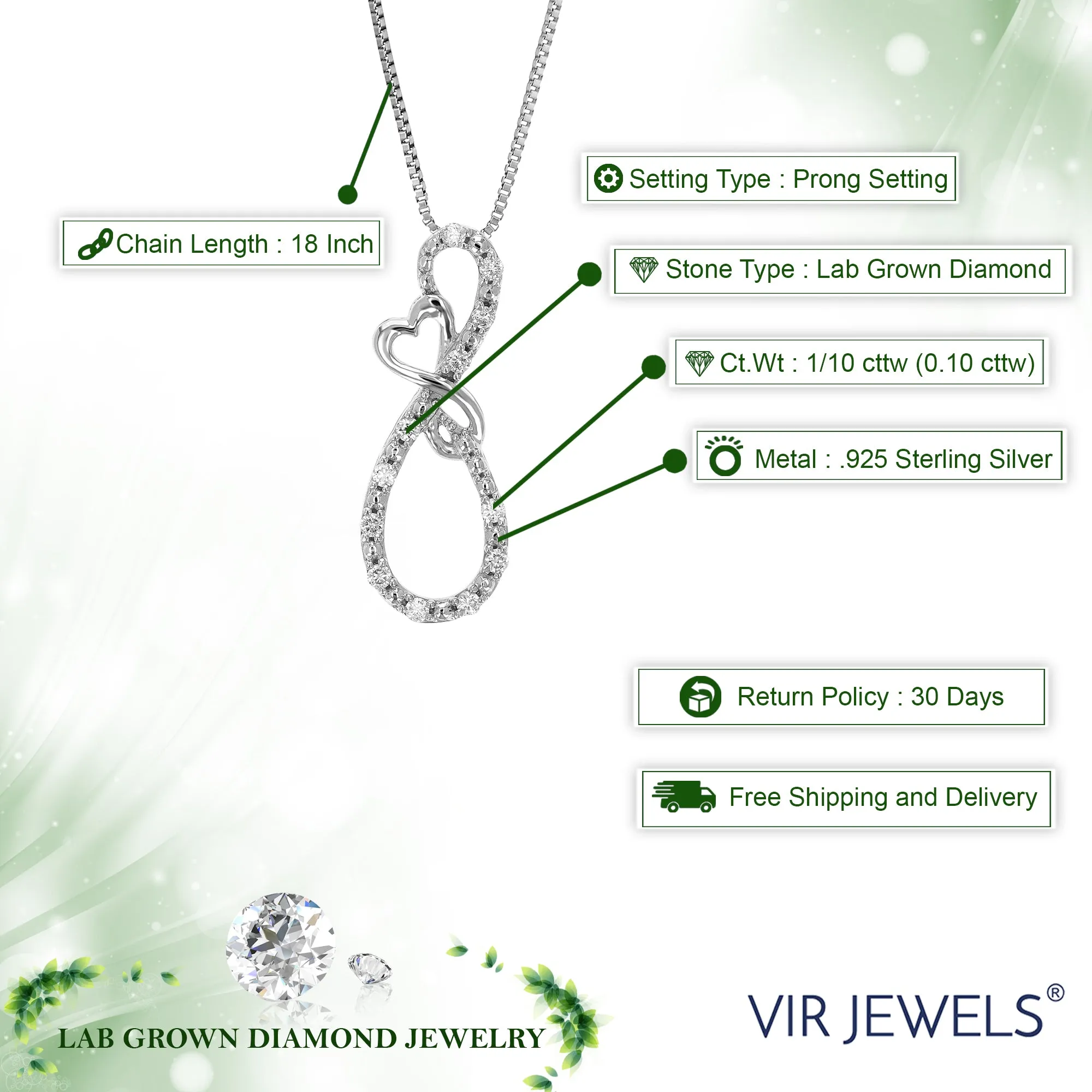 1/10 cttw Lab Grown Diamond Heart Pendant Necklace .925 Sterling Silver 1/4 Inch with 18 Inch Chain, Size 3/4 Inch