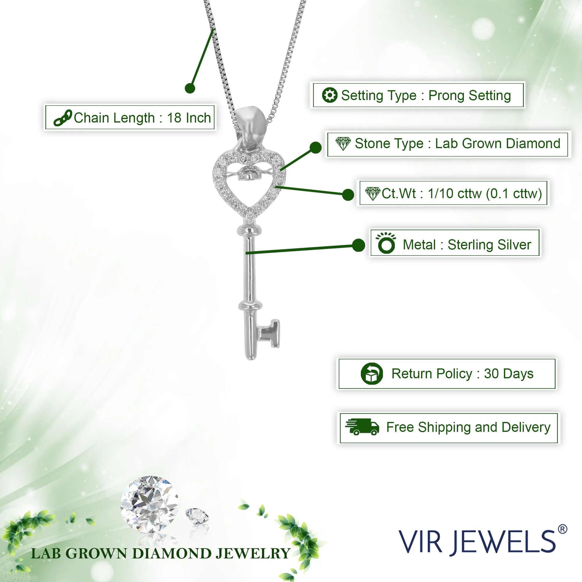 1/10 cttw Lab Grown Diamond Key Pendant Necklace .925 Sterling Silver 1/4 Inch With 18 Inch Chain
