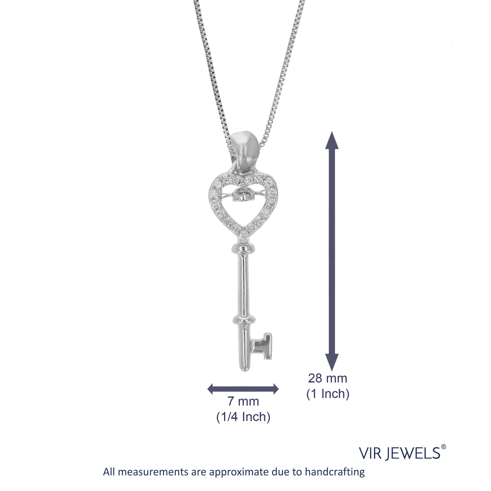 1/10 cttw Lab Grown Diamond Key Pendant Necklace .925 Sterling Silver 1/4 Inch With 18 Inch Chain