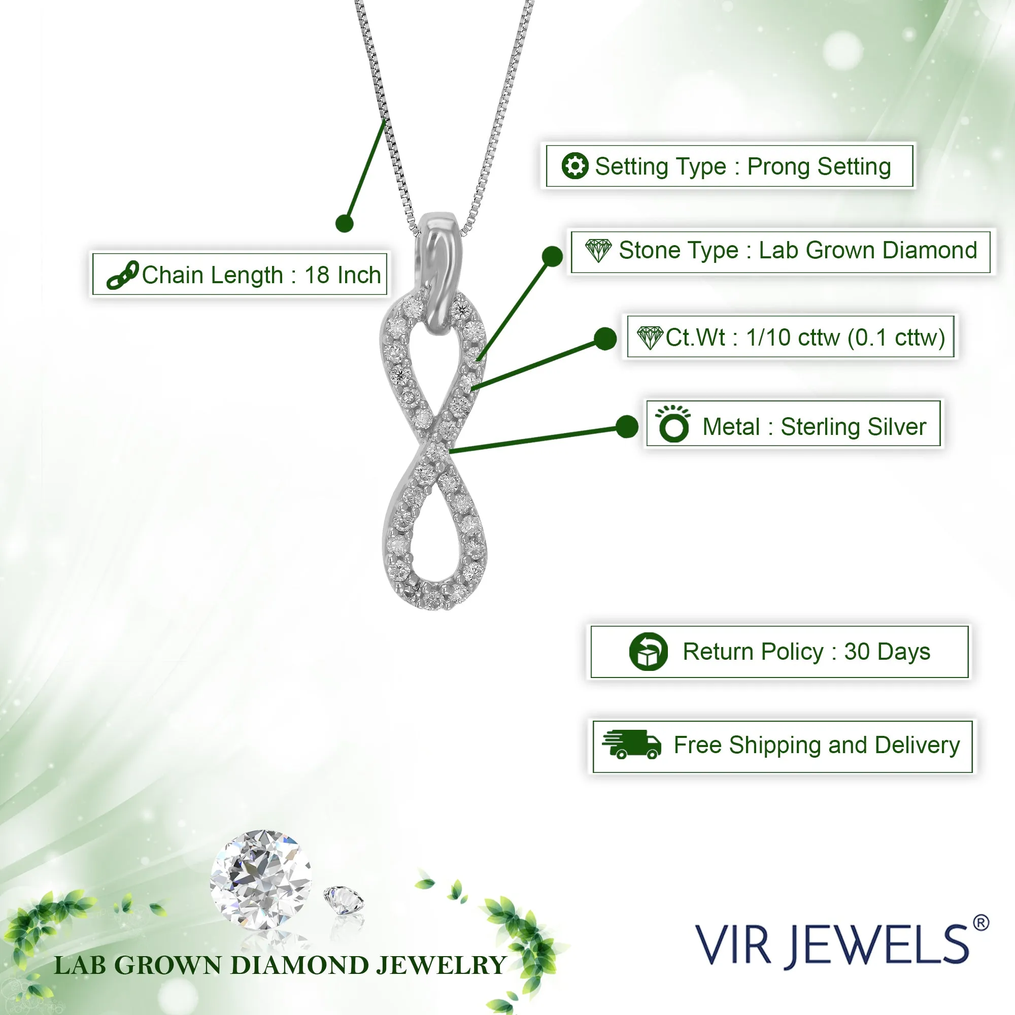 1/10 cttw Lab Grown Round Diamond Infinity Pendant Necklace .925 Sterling Silver 1/5 Inch With 18 Inch Chain