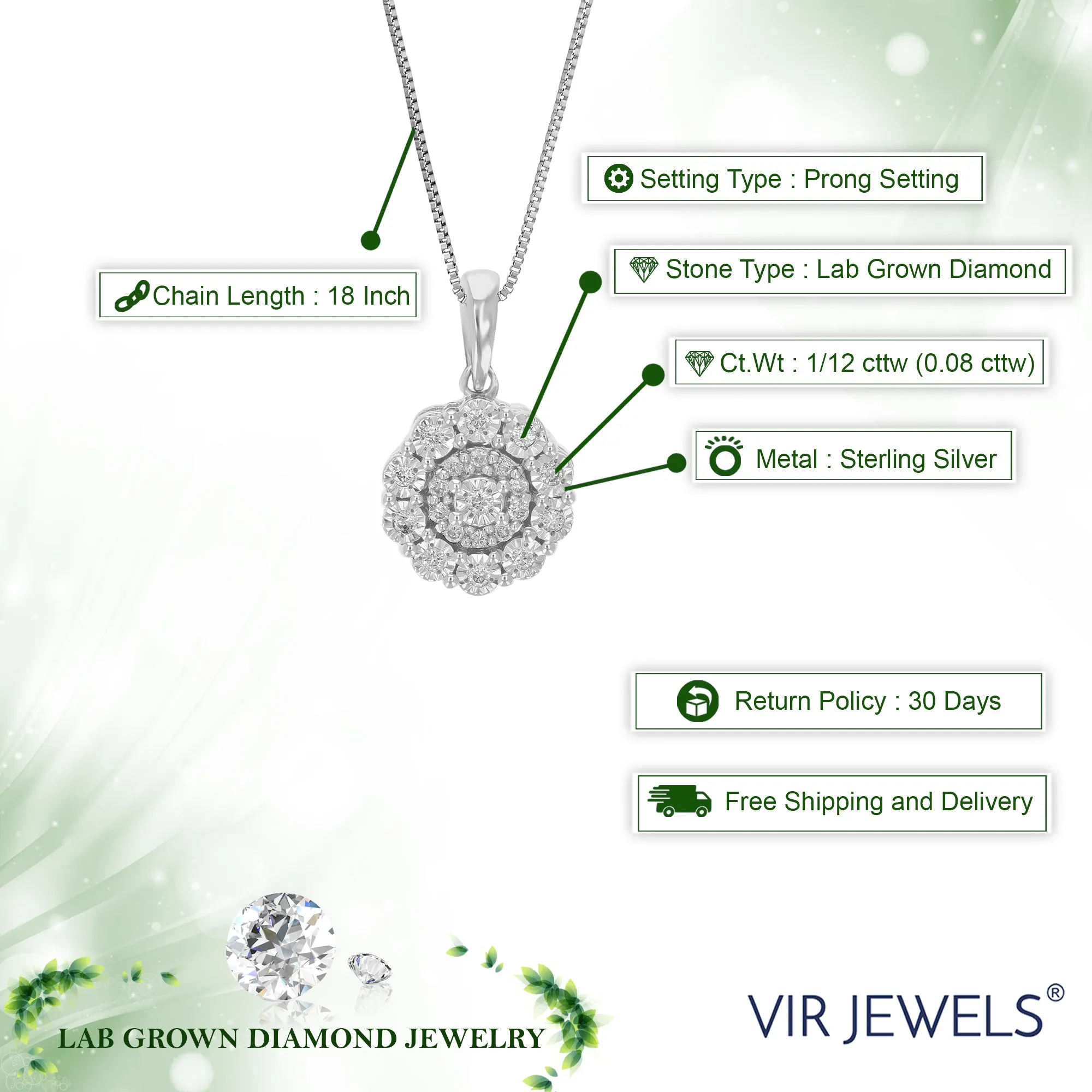 1/12 cttw Lab Grown Round Cut Diamond Accent Pendant Necklace .925 Sterling Silver For Women 1/3 Inch With 18 Inch Chain