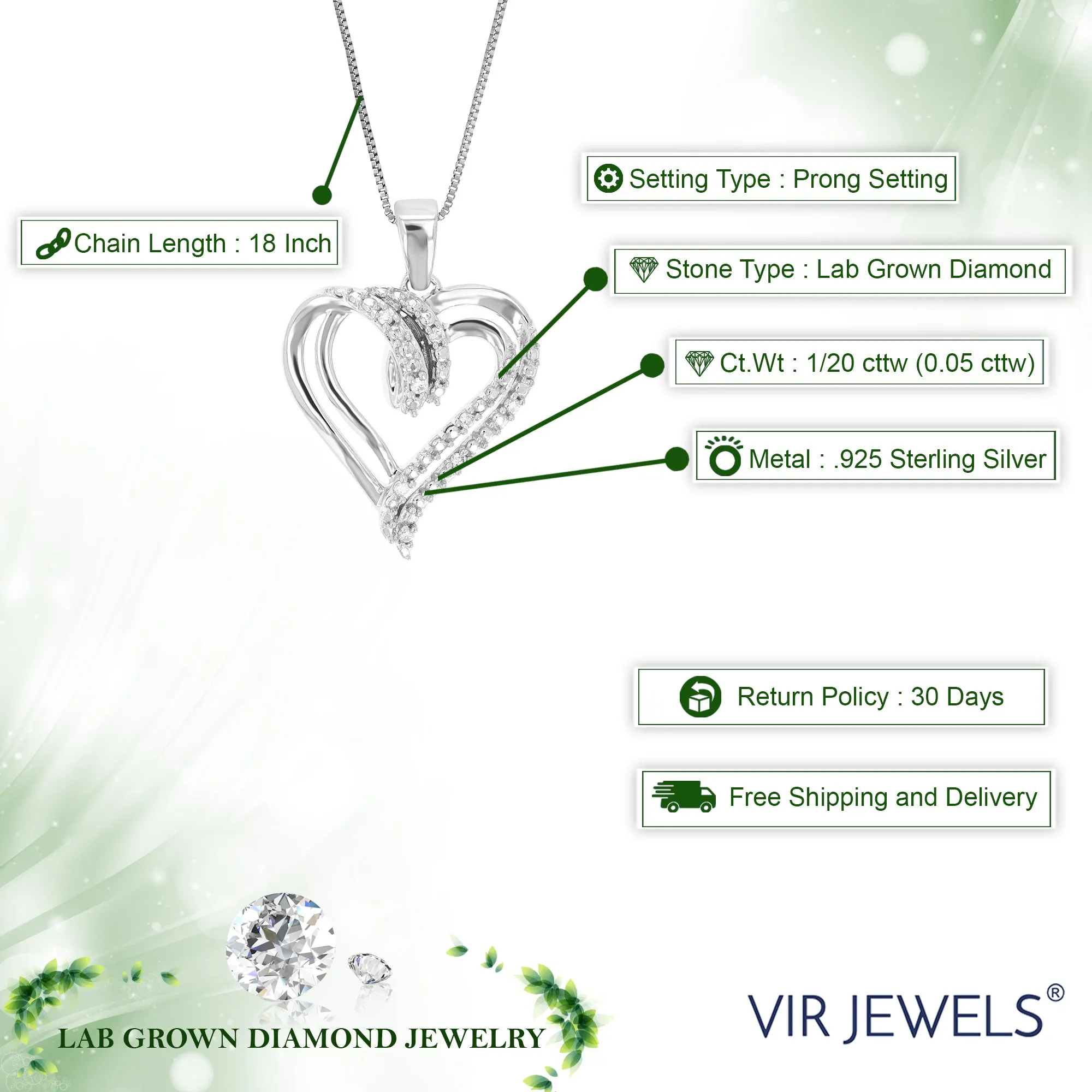 1/20 cttw Round Cut 8 Stones Lab Grown Diamond Pendant Necklace .925 Sterling Silver 2/3 Inch With 18 Inch Chain