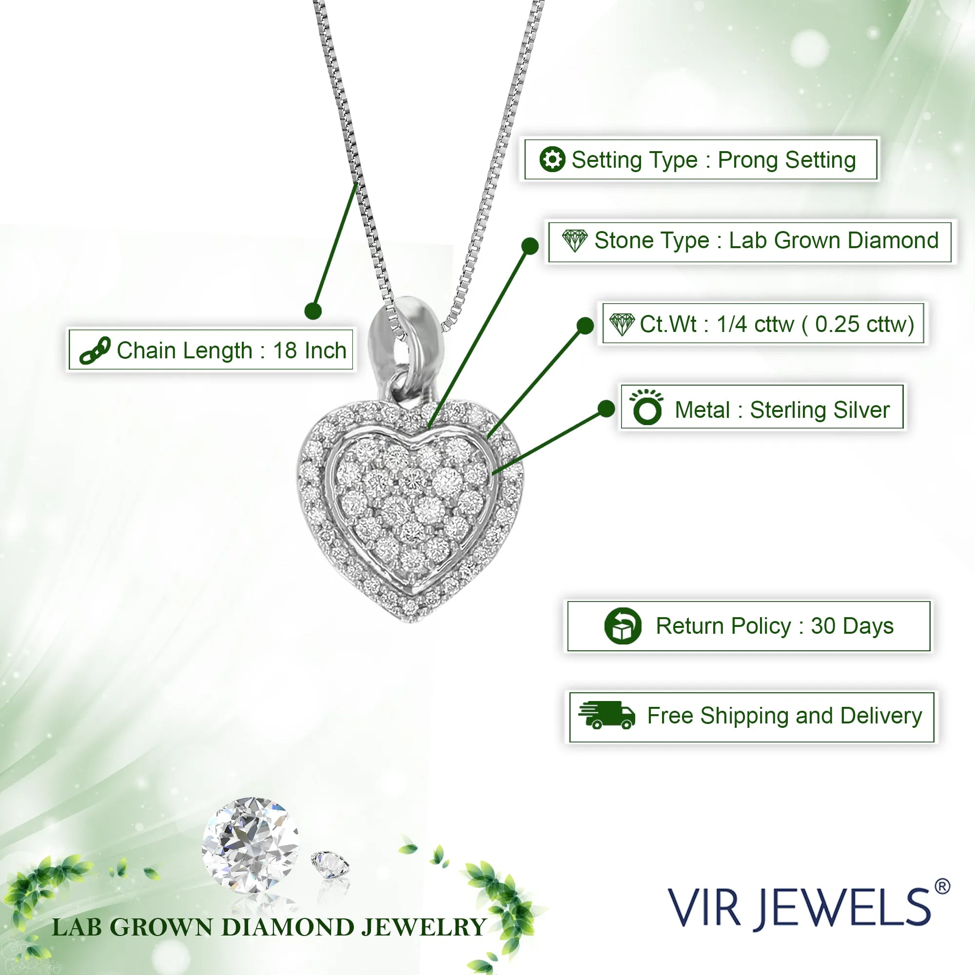 1/4 cttw Lab Grown Diamond Heart Pendant Necklace .925 Sterling Silver Prong Set 2/3 Inch with 18 Inch Chain