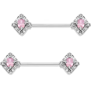 14 Gauge 5/8" Clear Pink Gem Rococo Rhombus Barbell Nipple Ring Set