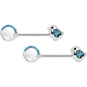 14 Gauge 9/16 Aqua Gem Basket Chick Barbell Nipple Ring Set