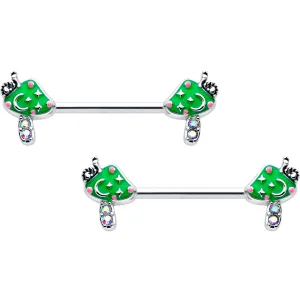 14 Gauge 9/16 Aurora Gem Fanciful Green Mushroom Barbell Nipple Ring Set