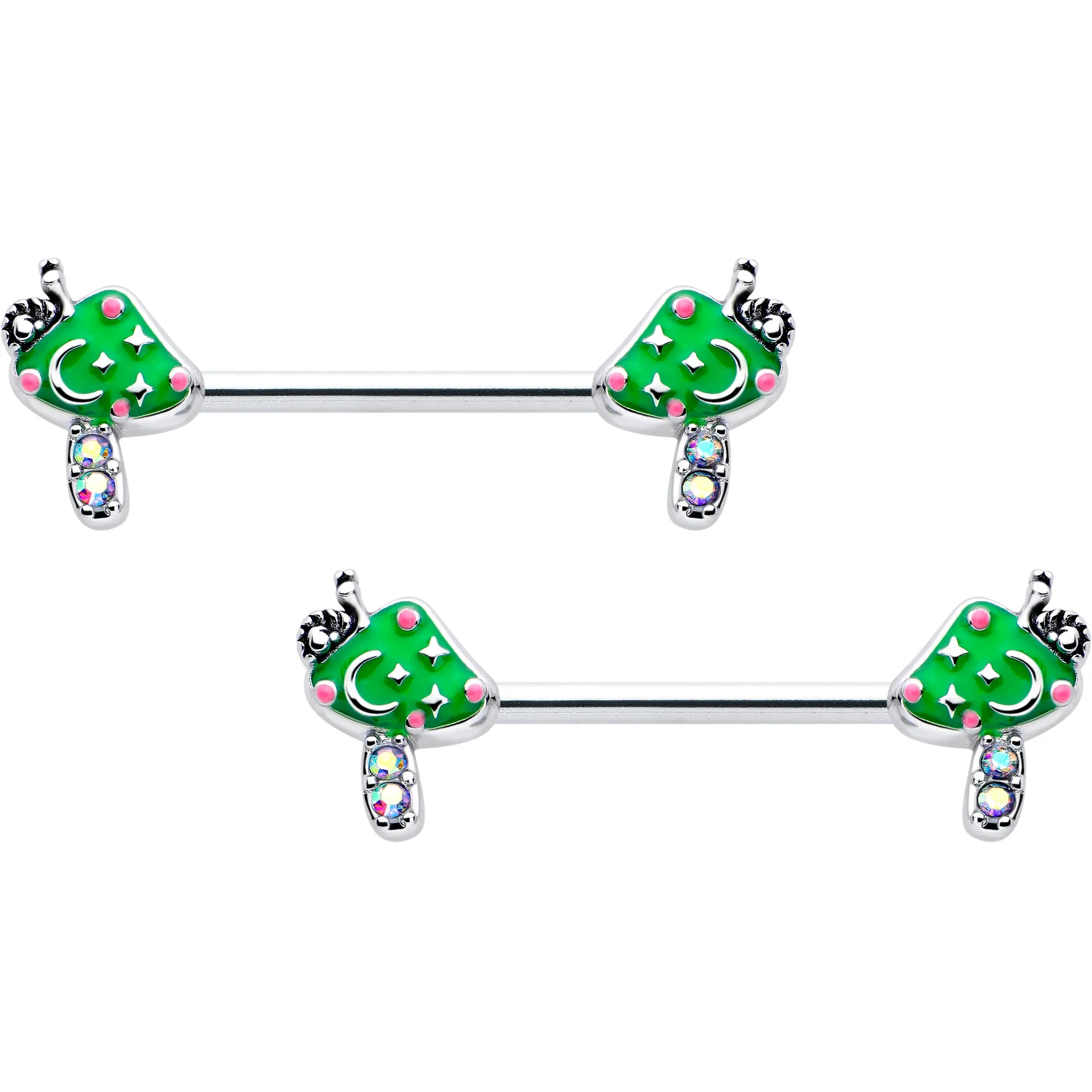 14 Gauge 9/16 Aurora Gem Fanciful Green Mushroom Barbell Nipple Ring Set