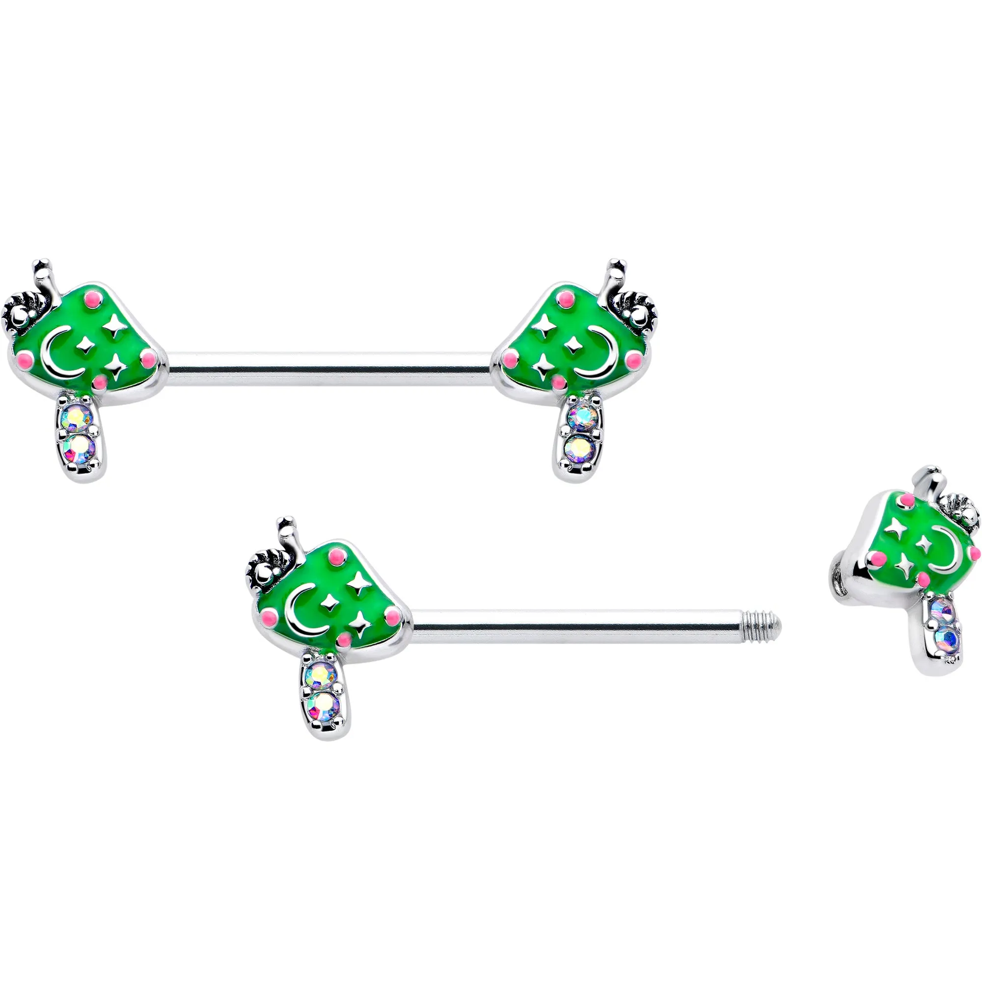 14 Gauge 9/16 Aurora Gem Fanciful Green Mushroom Barbell Nipple Ring Set