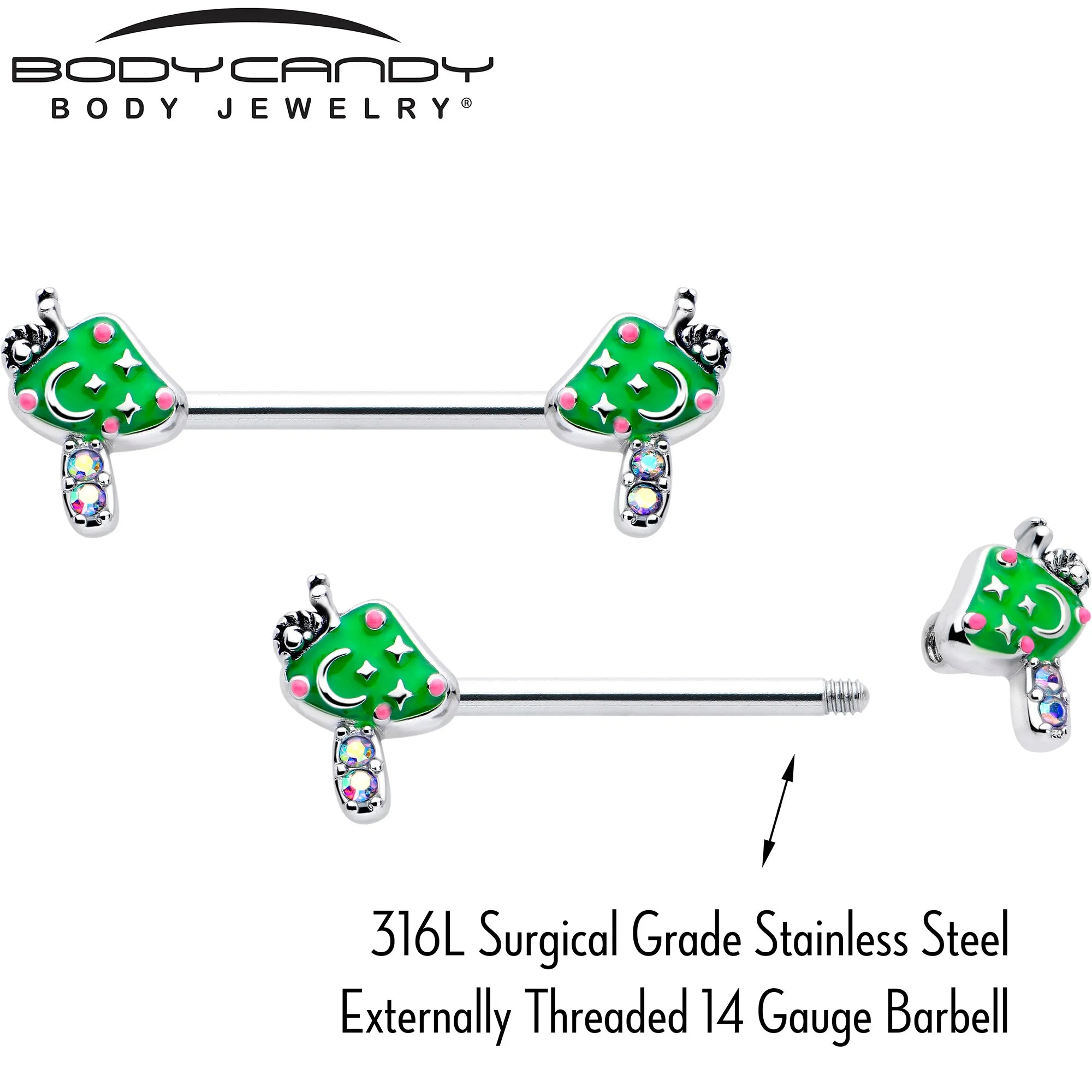 14 Gauge 9/16 Aurora Gem Fanciful Green Mushroom Barbell Nipple Ring Set