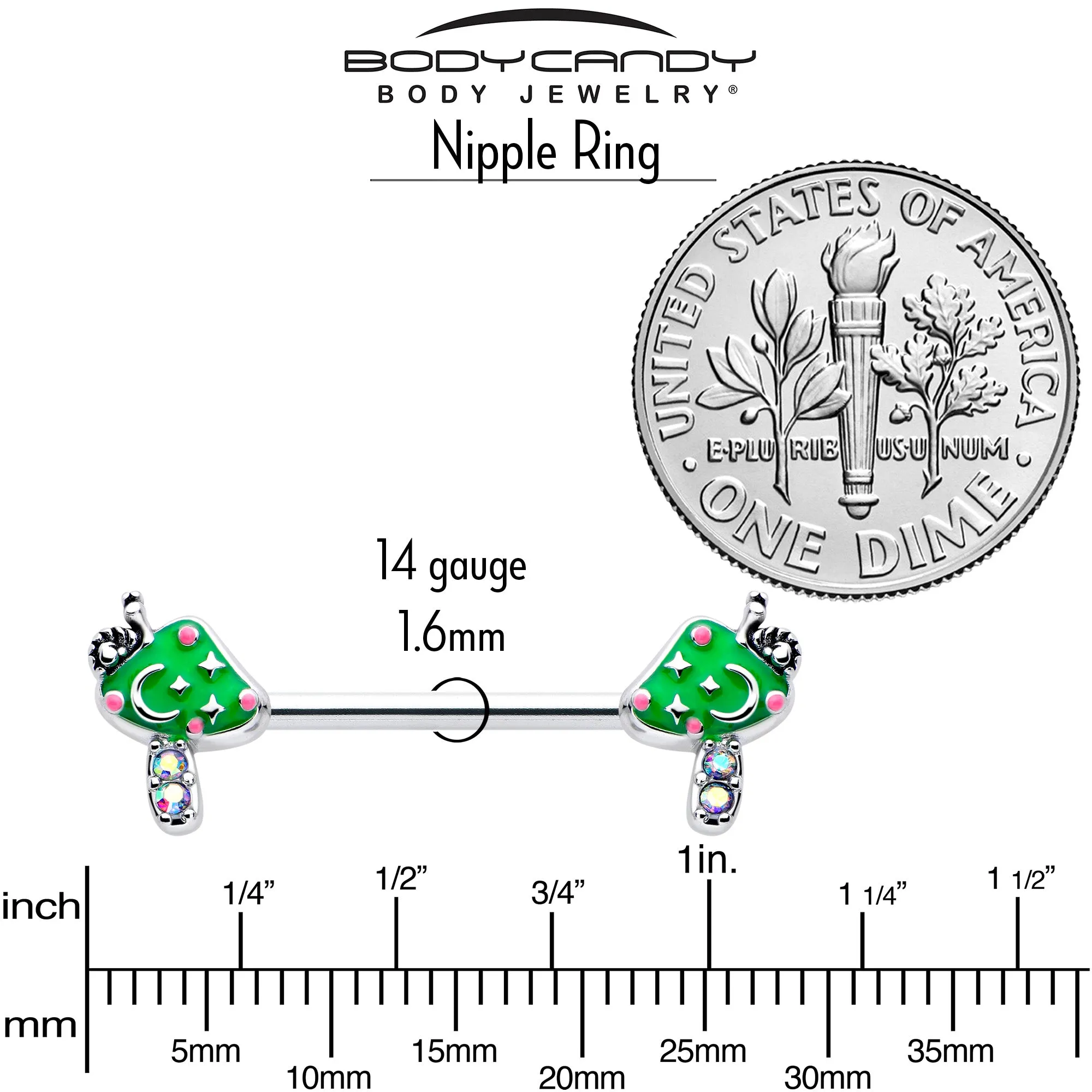 14 Gauge 9/16 Aurora Gem Fanciful Green Mushroom Barbell Nipple Ring Set