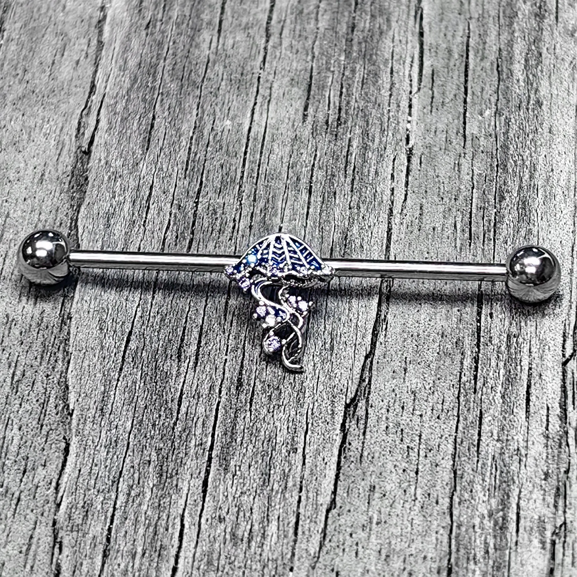 14 Gauge Clear Blue CZ Gem Jellyfish Blue Industrial Barbell 38mm