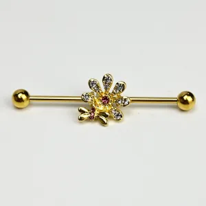 14 Gauge Clear Gem Gold Tone Classic Bee Flower Industrial Barbell 38mm