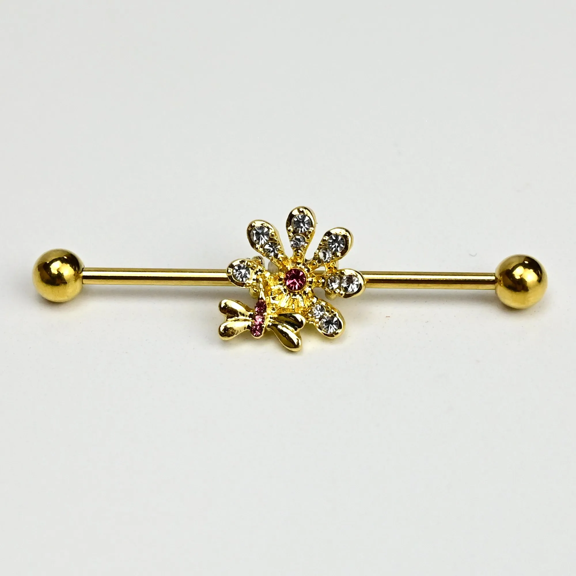 14 Gauge Clear Gem Gold Tone Classic Bee Flower Industrial Barbell 38mm