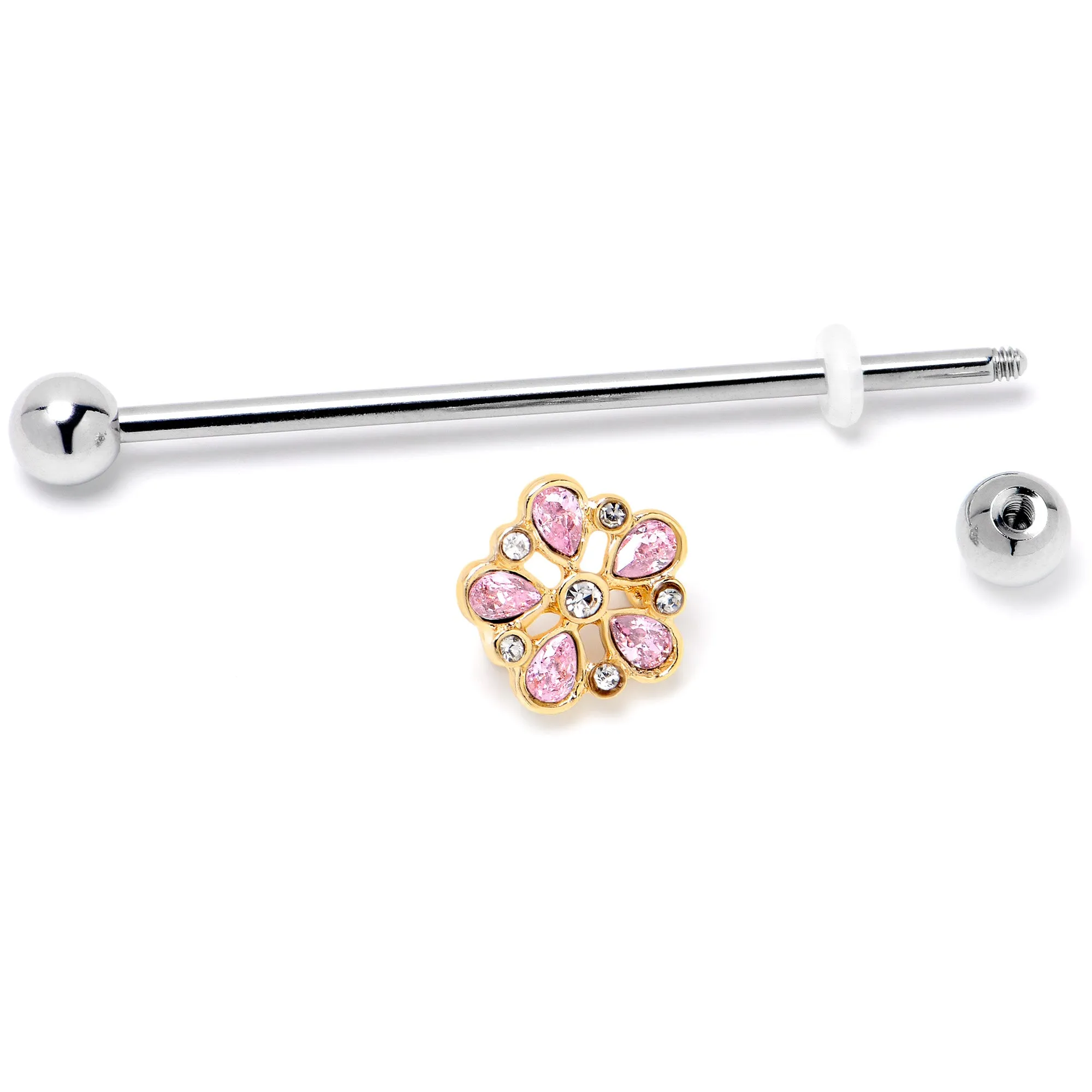 14 Gauge Pink Gem Filigree Flower Fantasy Industrial Barbell 38mm