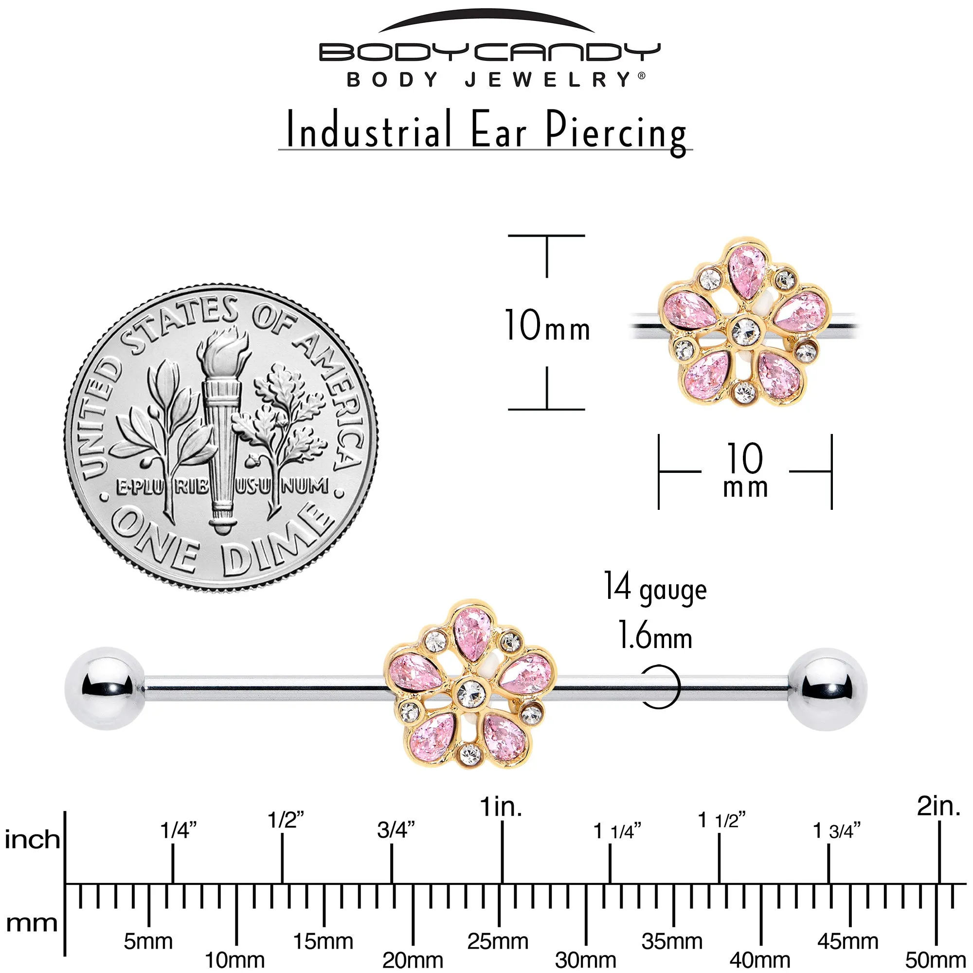 14 Gauge Pink Gem Filigree Flower Fantasy Industrial Barbell 38mm