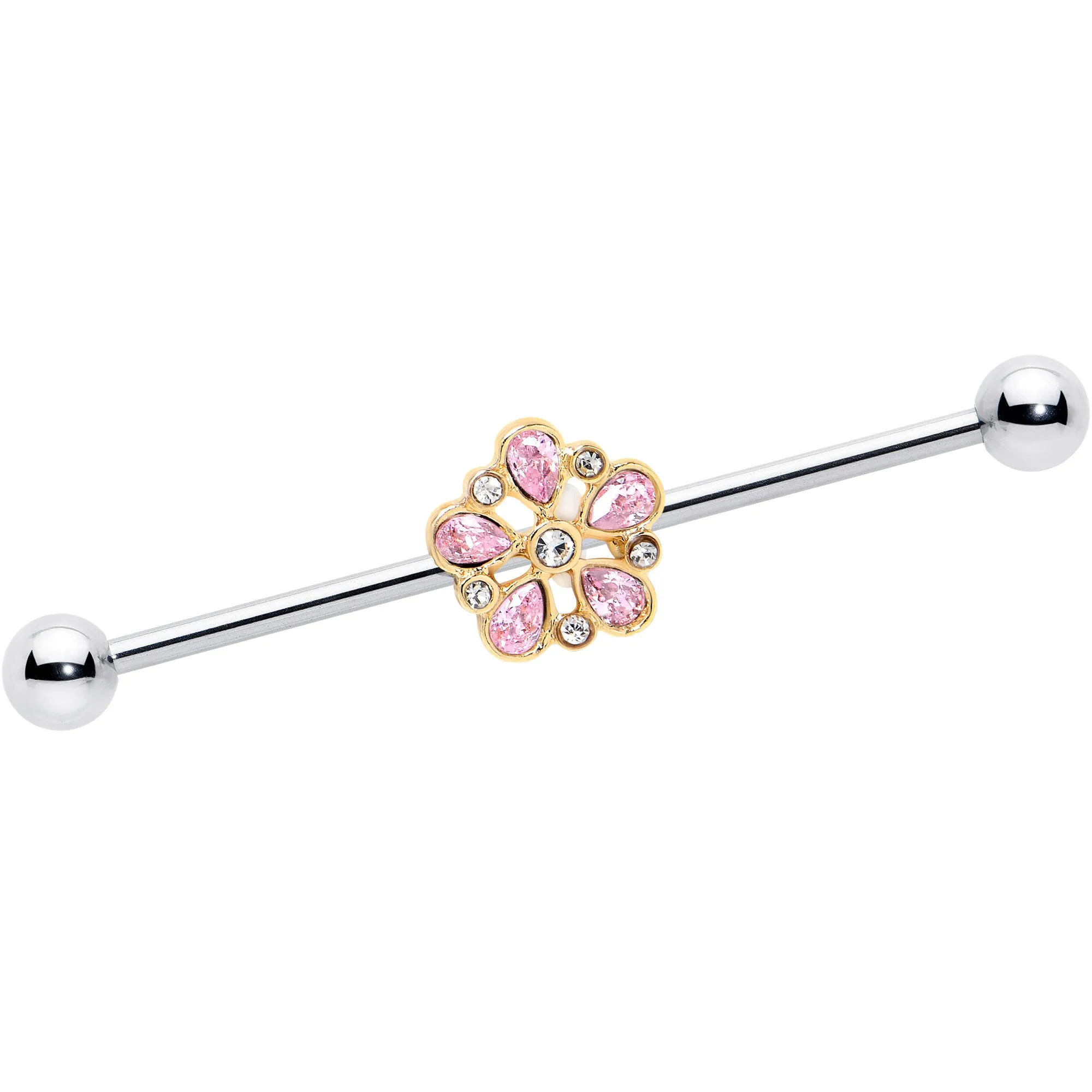 14 Gauge Pink Gem Filigree Flower Fantasy Industrial Barbell 38mm
