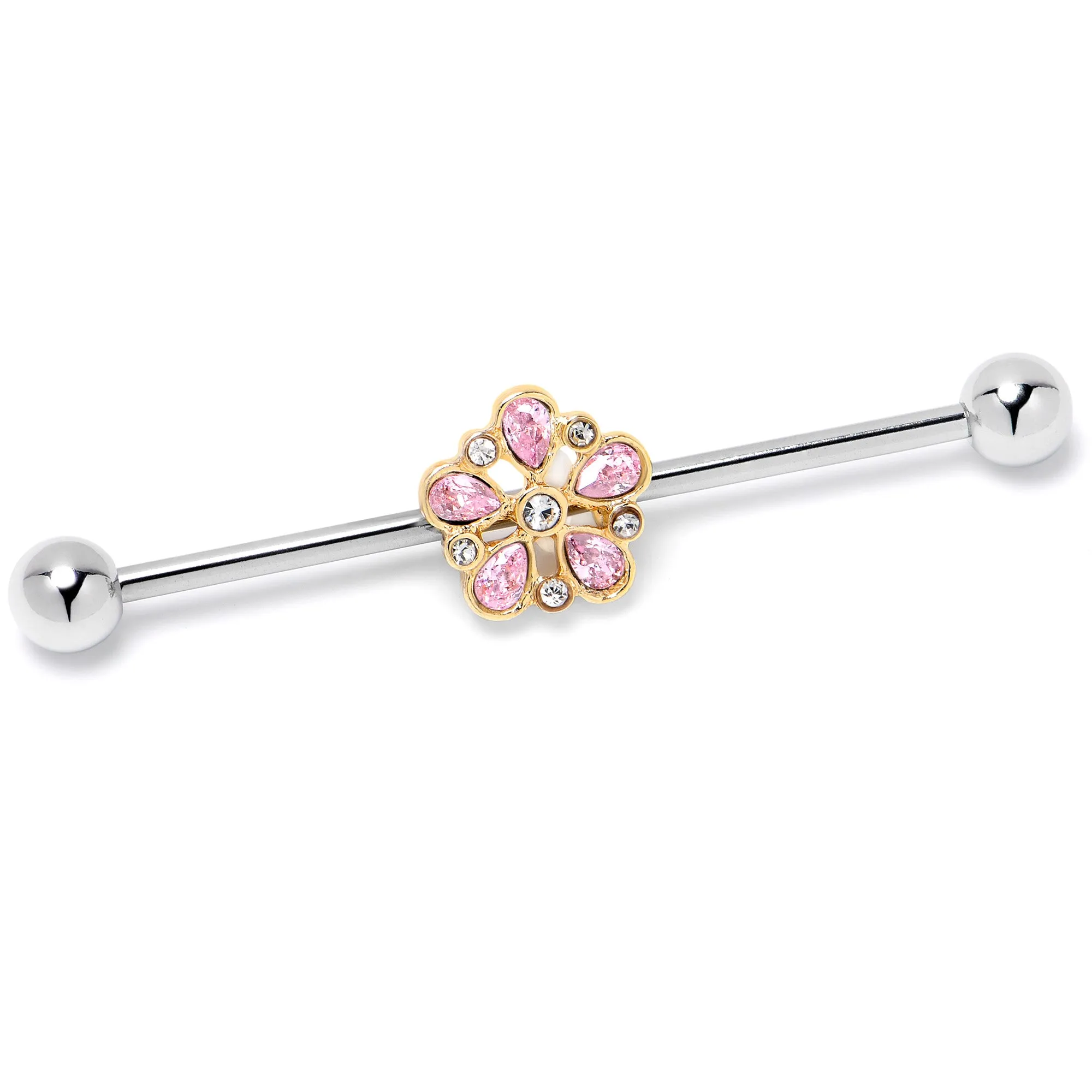 14 Gauge Pink Gem Filigree Flower Fantasy Industrial Barbell 38mm