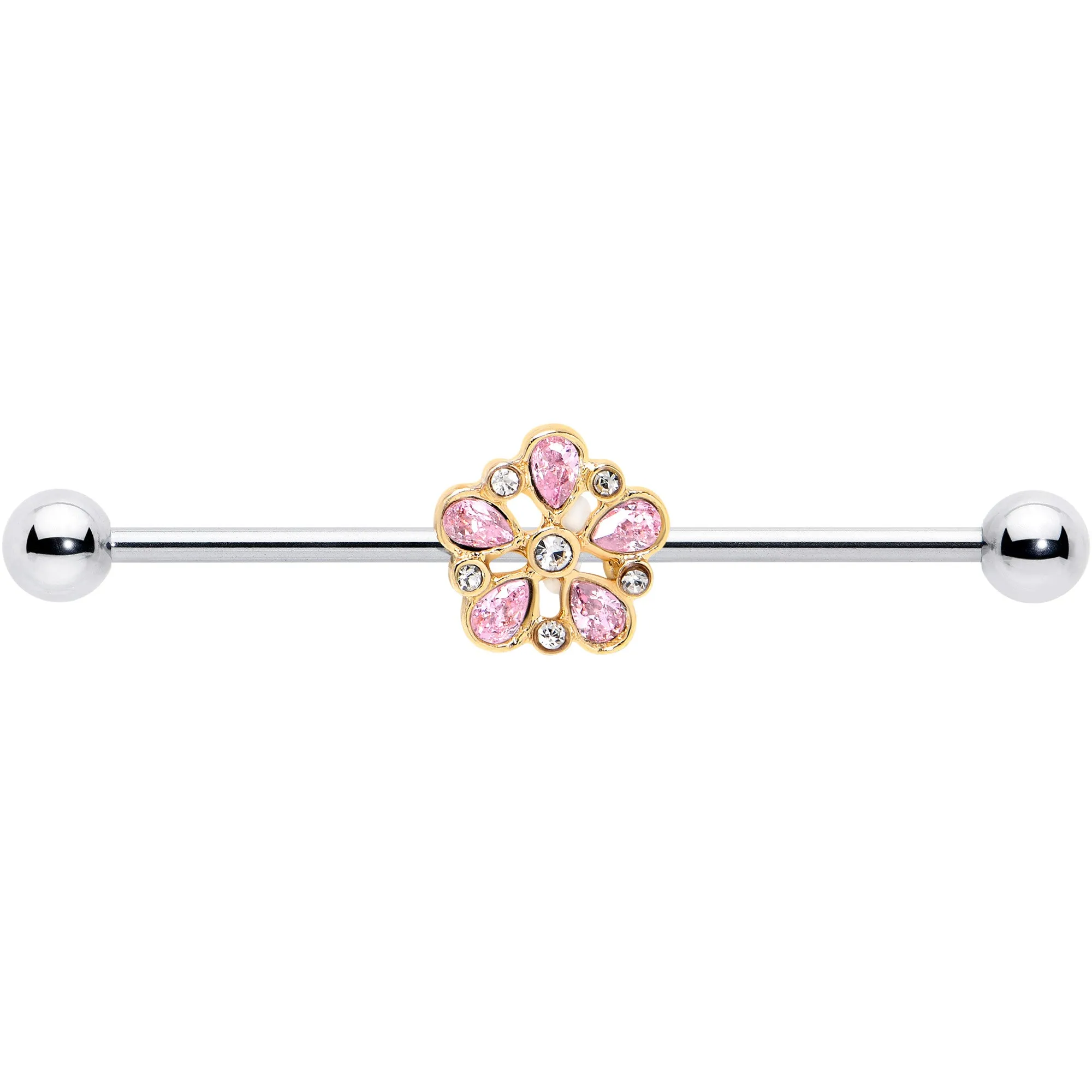 14 Gauge Pink Gem Filigree Flower Fantasy Industrial Barbell 38mm