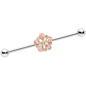 14 Gauge Pink Gem Filigree Flower Fantasy Industrial Barbell 38mm