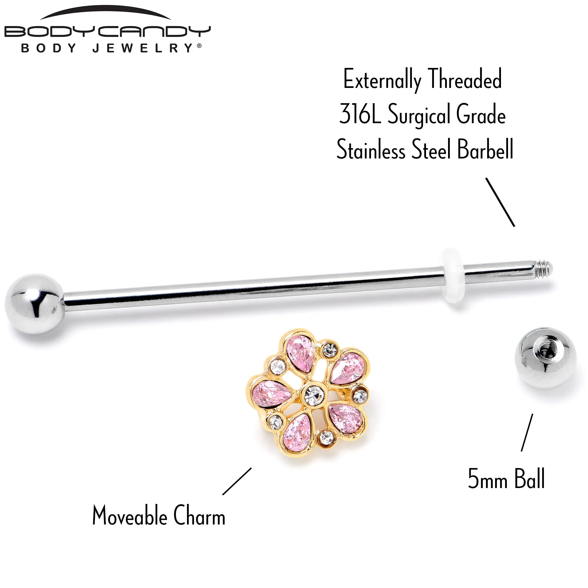 14 Gauge Pink Gem Filigree Flower Fantasy Industrial Barbell 38mm