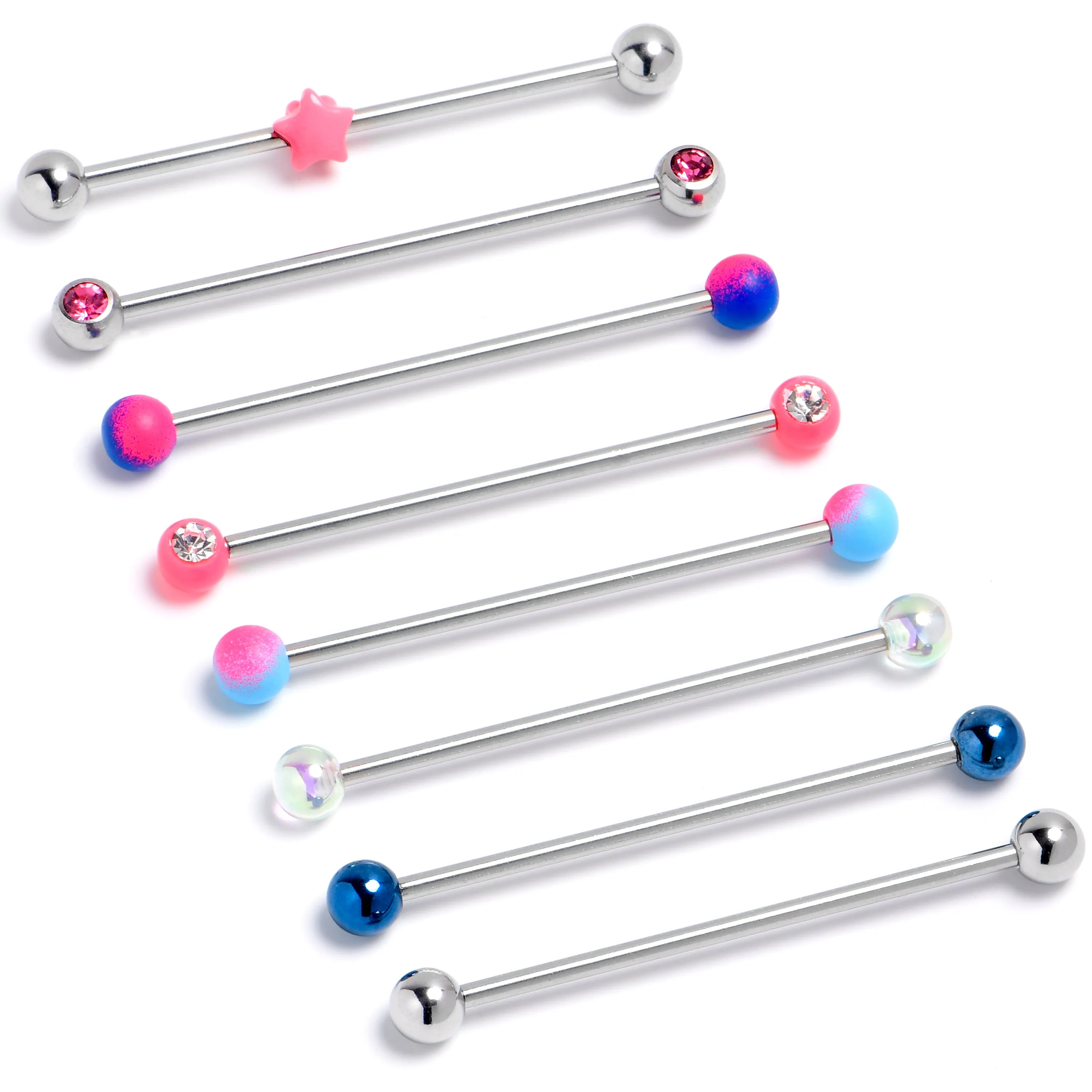 14 Gauge Pink Gem Star Blue Industrial Barbell 38mm Set of 8