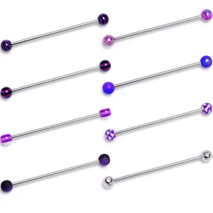 14 Gauge Purple Gem Hearts Black Blue Industrial Barbell 38mm Set of 8