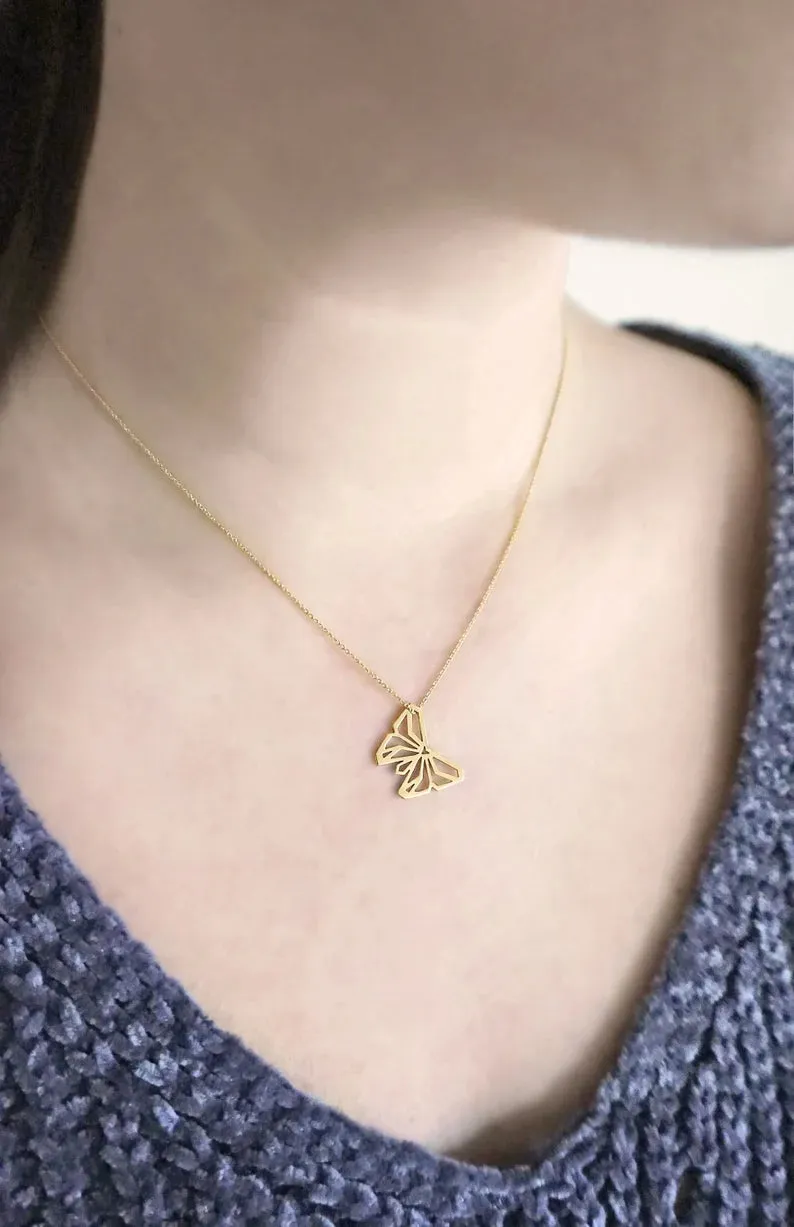14K Gold Vermeil  Butterfly Origami Minimalist Statement necklace - Gift For Her