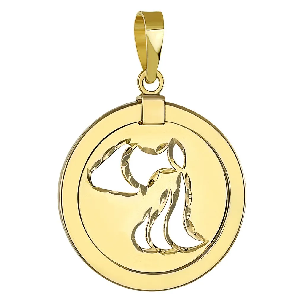 14K Yellow Gold Reversible Round Aquarius Zodiac Sign Pendant with Cuban Chain Necklace