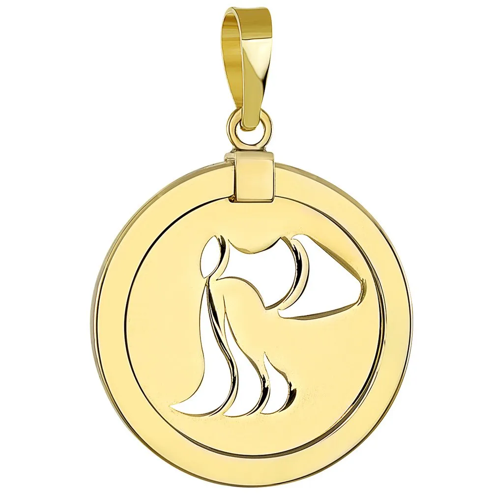 14K Yellow Gold Reversible Round Aquarius Zodiac Sign Pendant with Cuban Chain Necklace