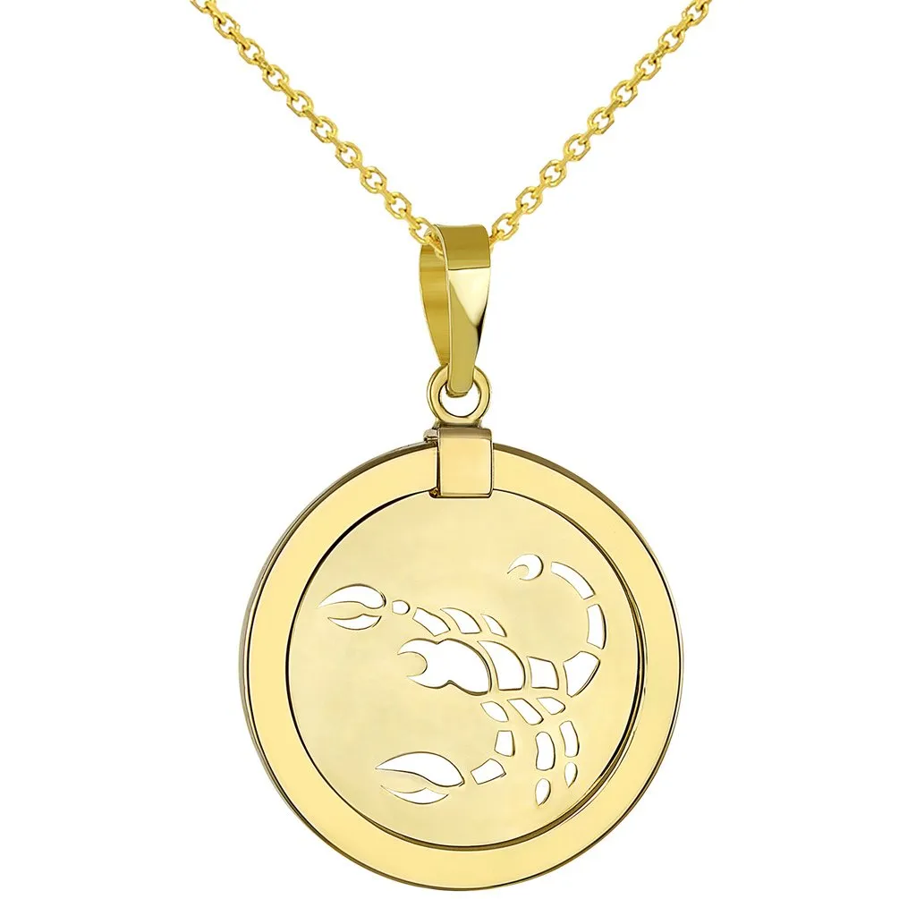 14K Yellow Gold Reversible Round Scorpion Scorpio Zodiac Sign Pendant Necklace