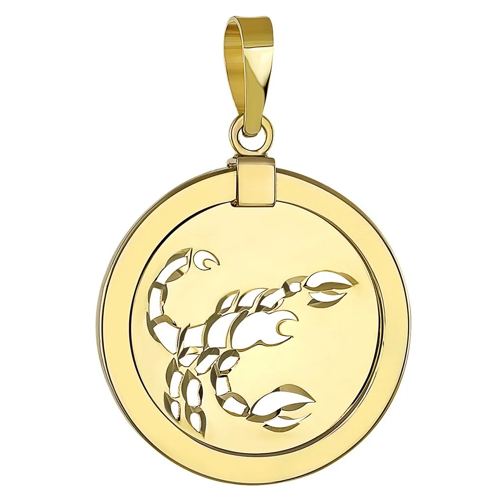 14K Yellow Gold Reversible Round Scorpion Scorpio Zodiac Sign Pendant Necklace