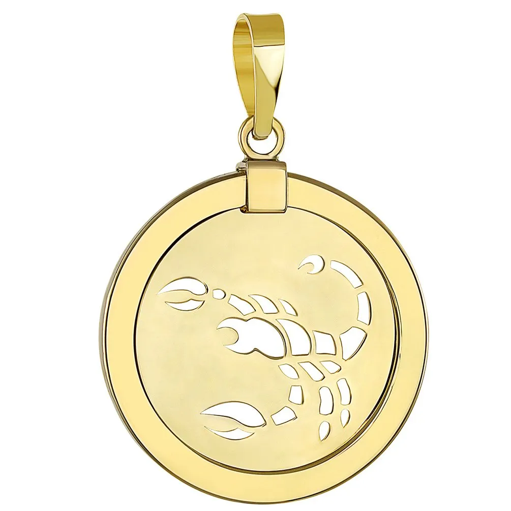 14K Yellow Gold Reversible Round Scorpion Scorpio Zodiac Sign Pendant Necklace