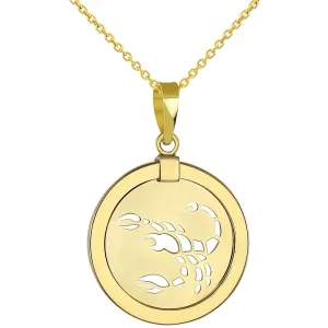 14K Yellow Gold Reversible Round Scorpion Scorpio Zodiac Sign Pendant Necklace