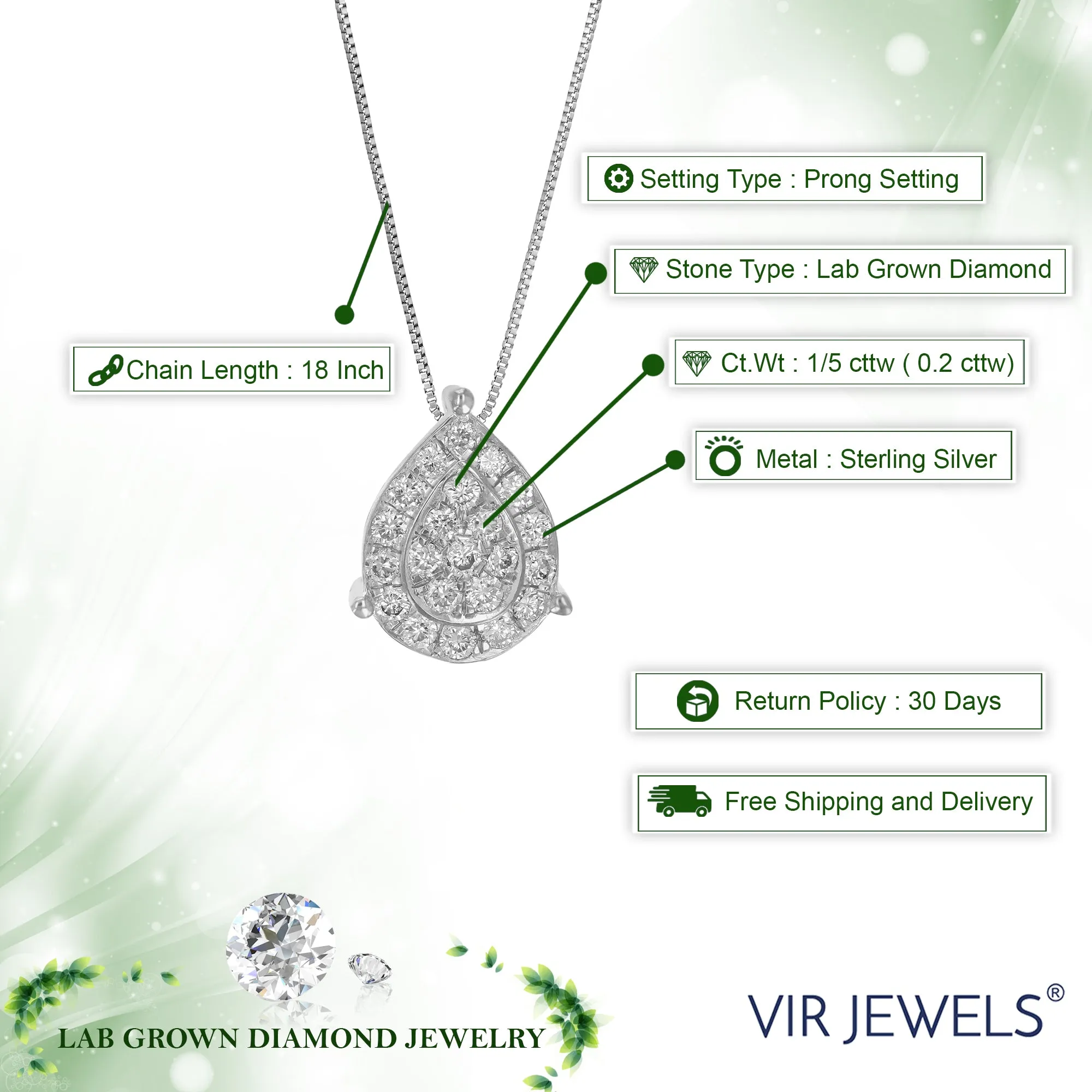1/5 cttw 22 Stones SI2-I1 Clarity Round Lab Grown Diamond Pear Shape Pendant Necklace .925 Sterling Silver Prong Set