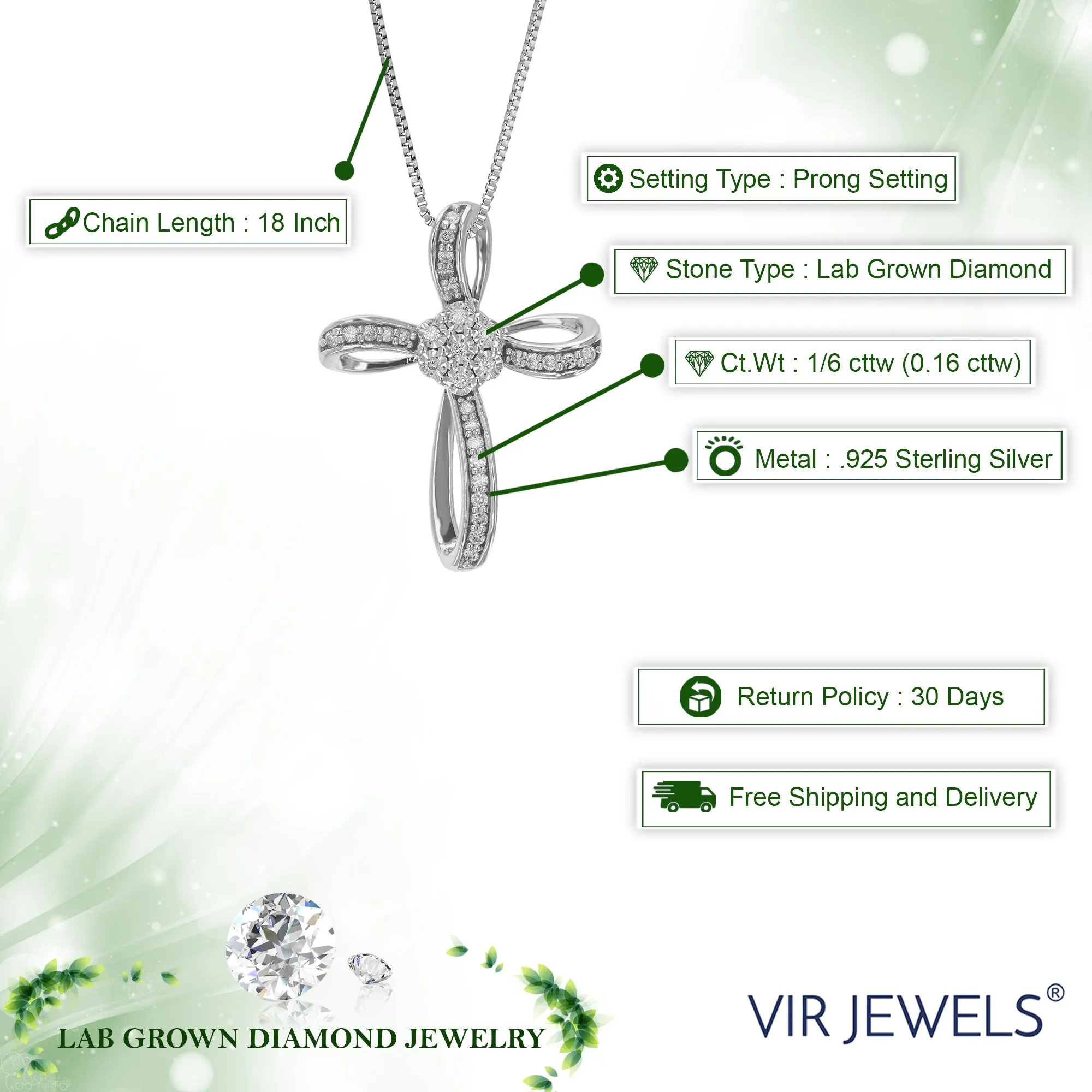 1/6 cttw Lab Grown Diamond Cross Pendant Necklace .925 Sterling Silver 3/4 Inch With 18 Inch Chain