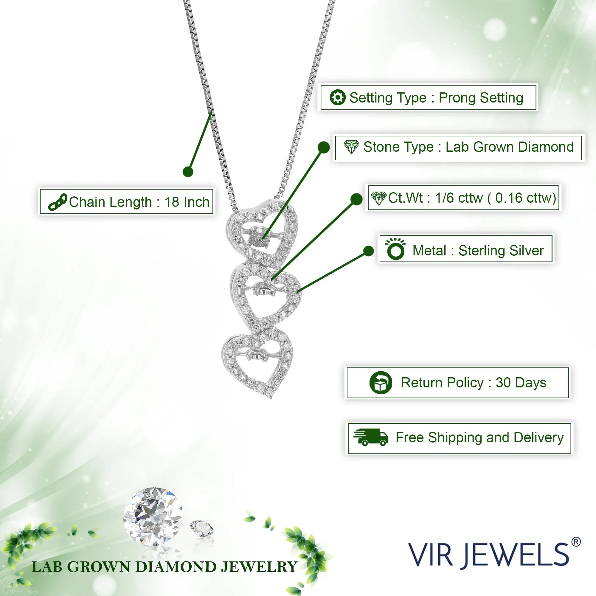 1/6 cttw Lab Grown Diamond Triple Heart Pendant Necklace .925 Sterling Silver 1/4 Inch With 18 Inch Chain