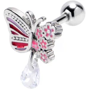 16 Gauge 1/4 Clear Gem Flowery Butterfly Pink Dangle Cartilage Earring