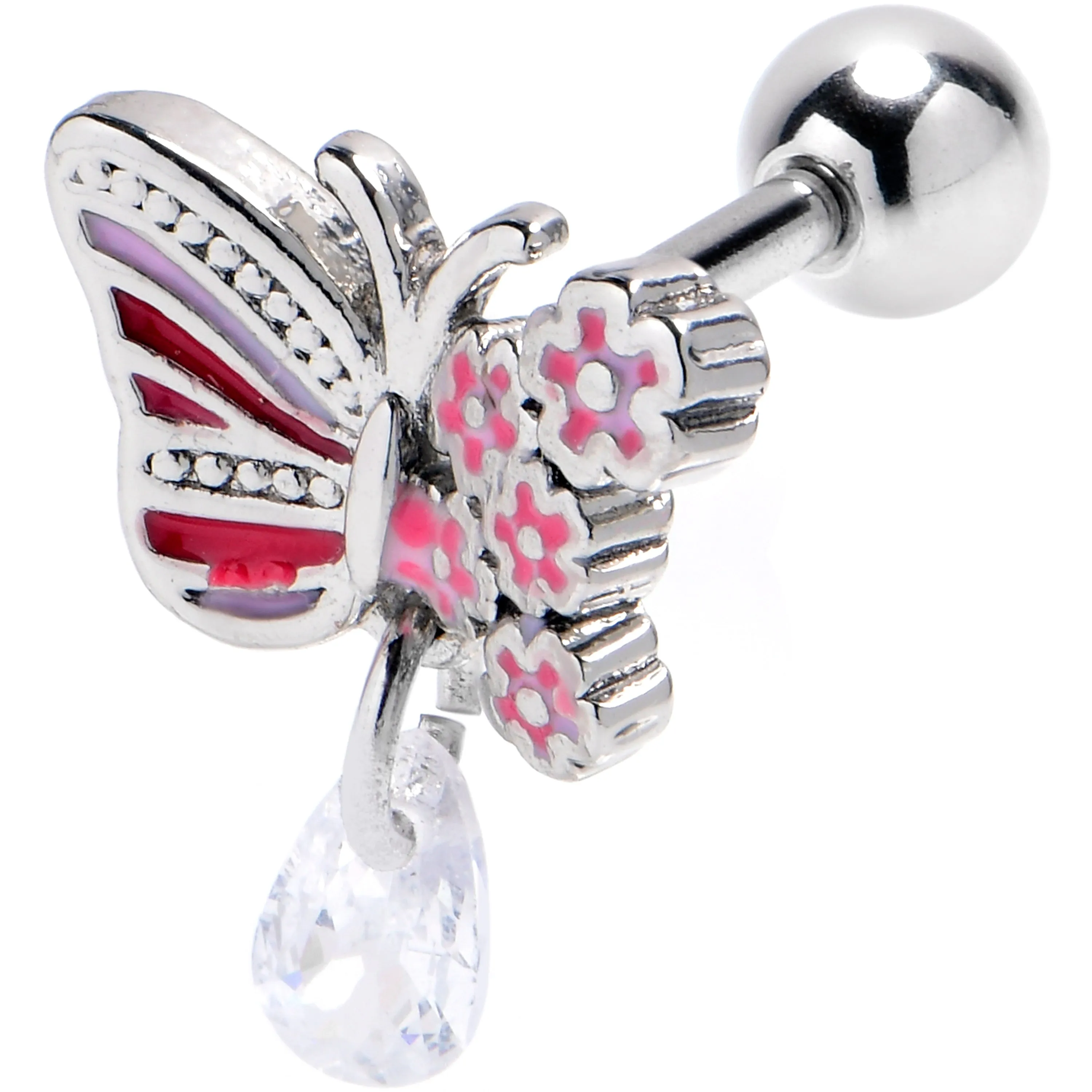 16 Gauge 1/4 Clear Gem Flowery Butterfly Pink Dangle Cartilage Earring