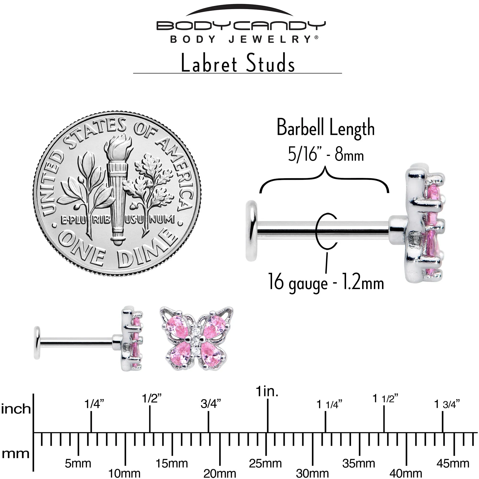 16 Gauge 5/16 Pink Gem Baroque Butterfly Internally Threaded Labret
