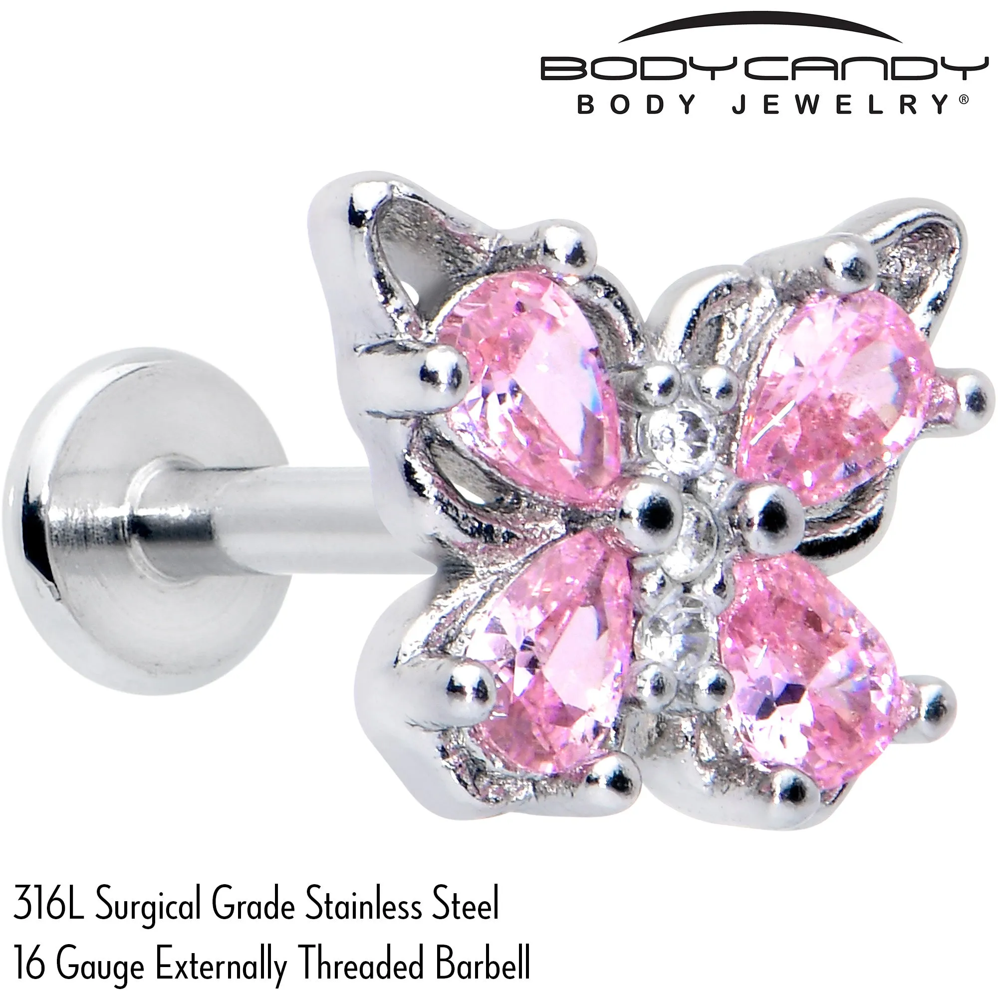 16 Gauge 5/16 Pink Gem Baroque Butterfly Internally Threaded Labret
