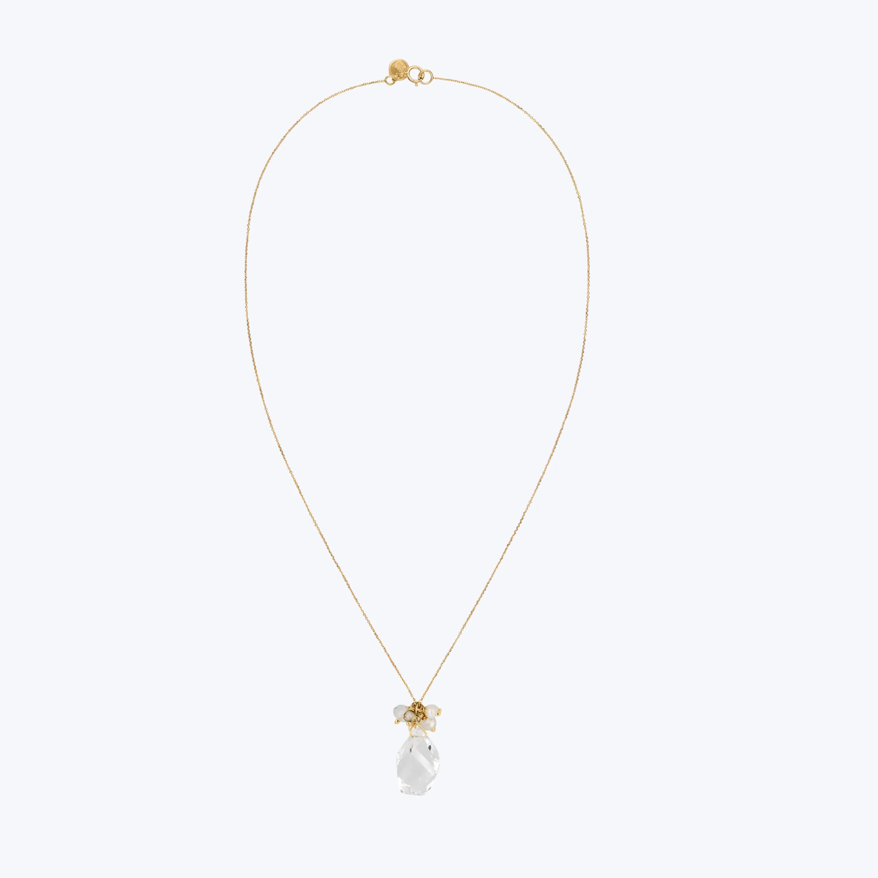 18K Gold Goddess of Love Necklace with Pearls   Twisted Crystal Cluster Drop