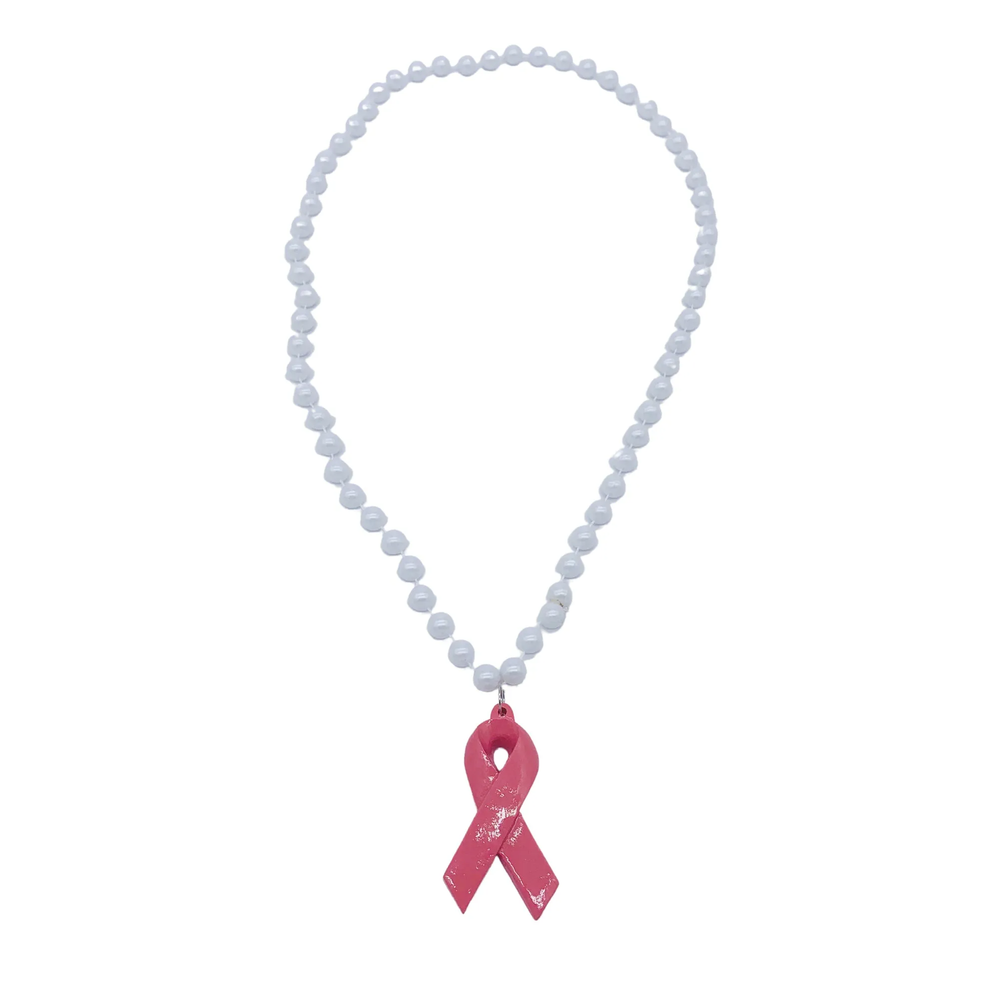 33" 10mm Pearl White MOT Bead with Pink Ribbon (Each)