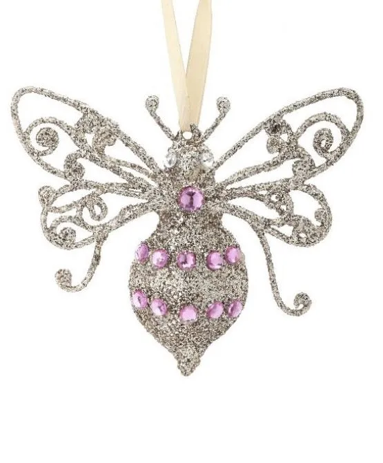 4" Bee Ornament With Pink Gem Set Of 6