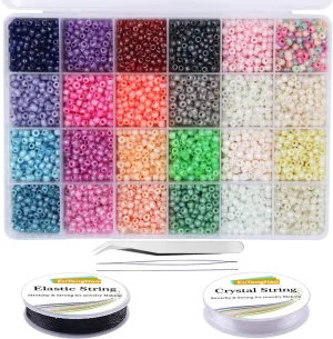 6000Pcs Glass Seed Beads Small Craft Beads for DIY Bracelet Necklaces Crafting Jewelry Making Supplies with Two 0.8Mm Clear Bracelet String (4Mm, 250 per Color, 24 Colors)