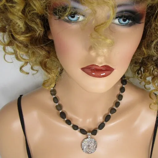 Black Sea Glass Bead Necklace with Handmade Copper Pendant